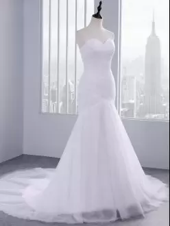 White Wedding Dress Tulle Court Train Sleeveless Ruching