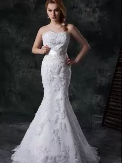 White Mermaid Lace Sweetheart Sleeveless Beading and Appliques and Bowknot and Belt Lace Up Wedding Gowns Brush Train