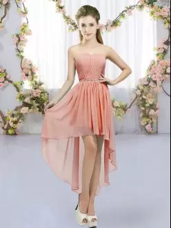 Sleeveless Chiffon High Low Lace Up Bridesmaid Dress in Peach with Beading