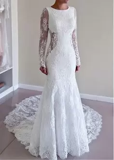 Scoop Long Sleeves Lace Wedding Dress Lace Court Train Backless