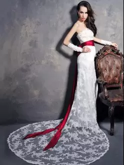 Cheap Slim Lace Wedding Dress with Burgundy Satin Bow and Belt