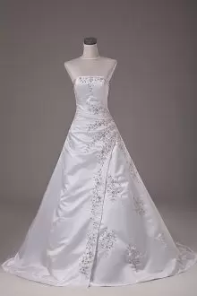 Superior Satin Strapless Sleeveless Brush Train Lace Up Beading Wedding Dresses in White