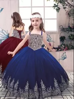 Exquisite Blue Ball Gowns Straps Sleeveless Tulle Floor Length Lace Up Beading and Embroidery Pageant Dress Toddler