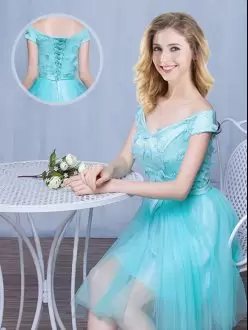 Captivating Knee Length Empire Cap Sleeves Aqua Blue Bridesmaids Dress Lace Up