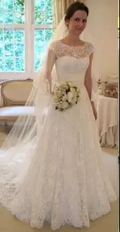 Captivating White Scalloped Neckline Lace Wedding Dresses Cap Sleeves Clasp Handle