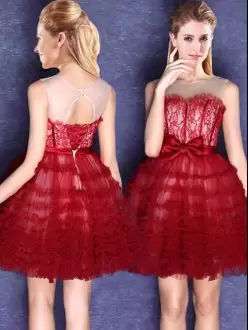 Wine Red Lace Tulle Ruffled Short Bridesmaid Dresses with Belt and Bow