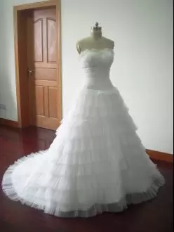 Customized Tulle Sleeveless Wedding Dresses Brush Train and Beading and Ruffled Layers