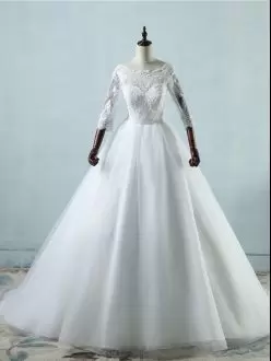 High End Sweep Train A-line Wedding Dresses White Scoop Tulle 3 4 Length Sleeve With Train Lace Up