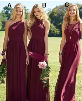 Most Popular A-line Wedding Party Dress Burgundy One Shoulder Chiffon Sleeveless Floor Length Lace Up