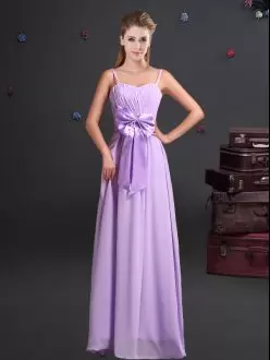 Fantastic Floor Length Lavender Bridesmaid Gown Spaghetti Straps Sleeveless Zipper
