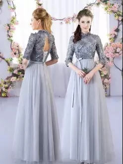 Grey Empire Appliques Damas Dress Lace Up Tulle Half Sleeves Floor Length