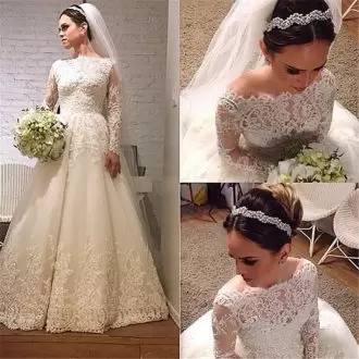 White Lace Up Wedding Dress Appliques Long Sleeves Floor Length