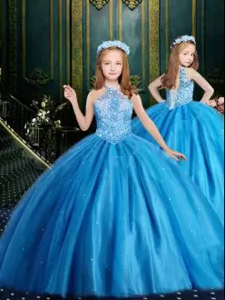 Fantastic Baby Blue Halter Top Neckline Beading and Sequins Little Girls Pageant Dress Sleeveless Lace Up