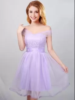 Hot Selling Lavender Off The Shoulder Neckline Lace and Appliques and Belt Bridesmaid Gown Short Sleeves Lace Up