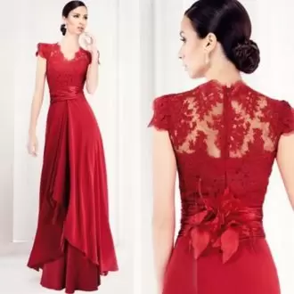 Fashionable Cap Sleeves Satin and Chiffon Floor Length Lace Up Dama Dress in Red with Beading and Lace