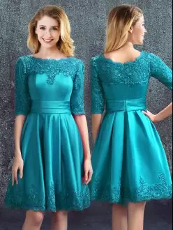 Knee Length Teal Bridesmaid Gown Satin Half Sleeves Lace