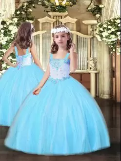 Beautiful Aqua Blue Tulle Lace Up Pageant Dress for Womens Sleeveless Floor Length Beading