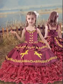 Charming Wine Red Sleeveless Beading and Embroidery and Ruffled Layers Floor Length Little Girls Pageant Gowns