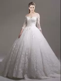 Off The Shoulder Half Sleeves Wedding Gowns Cathedral Train Lace and Appliques White Tulle
