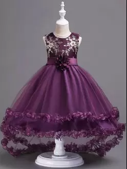 Unique Dark Purple Tulle Zipper Scoop Sleeveless High Low Pageant Gowns Appliques and Hand Made Flower