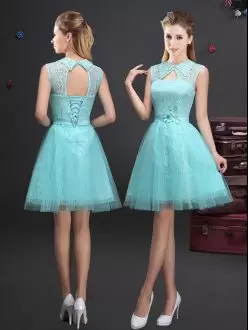 Customized Aqua Blue High-neck Illusion Lace Belt Short Dama Dress