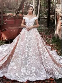 Pink Sleeveless Cathedral Train Lace Wedding Gowns