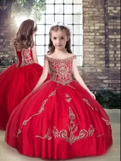 Amazing Red Straps Off Shoulder Ball Gown Kids Pageant Dress