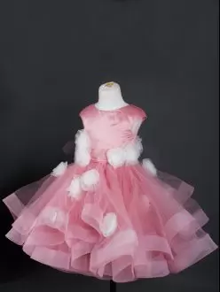 Pink Ball Gowns Ruffles and Hand Made Flower Glitz Pageant Dress Zipper Tulle Cap Sleeves Knee Length