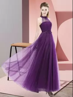 Affordable Sleeveless Tulle Floor Length Lace Up Bridesmaid Dress in Dark Purple with Beading and Appliques