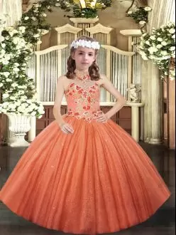 Orange Ball Gowns Appliques Little Girls Pageant Dress Lace Up Tulle Sleeveless Floor Length