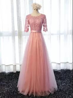Clearance Pink Scoop Lace Up Lace Bridesmaid Gown Half Sleeves