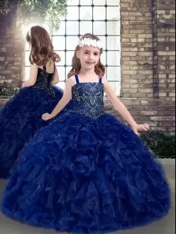 Sleeveless Floor Length Beading and Ruffles Lace Up Little Girl Pageant Gowns with Blue