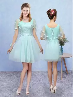 Appliques Wedding Guest Dresses Aqua Blue Lace Up Sleeveless Mini Length