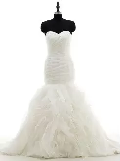 Sweetheart Sleeveless Brush Train Lace Up Wedding Dress White Organza Ruffles and Ruching