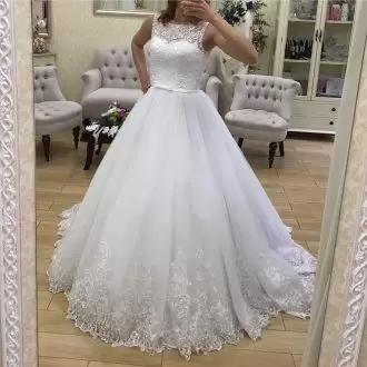 Cinderella Scoop Sheer Neckline Ball Gown Lace Wedding Dress with Court Train