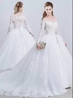 White Wedding Gowns Wedding Party with Lace and Appliques Off The Shoulder Long Sleeves Brush Train Zipper