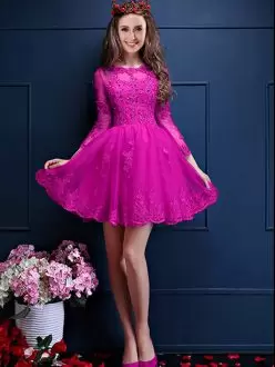 Elegant Chiffon Scalloped 3 4 Length Sleeve Lace Up Beading and Lace and Appliques Bridesmaids Dress in Fuchsia