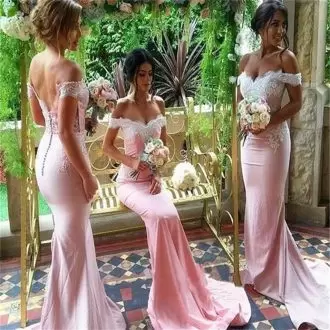 Pink Off The Shoulder Clasp Handle Appliques Quinceanera Court Dresses Brush Train Sleeveless