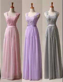 Straps Cap Sleeves Bridesmaid Dress Pink Chiffon Lace and Appliques and Ruching