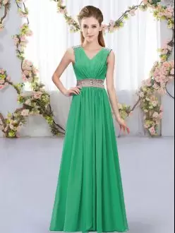 Discount Sleeveless Chiffon Floor Length Lace Up Bridesmaid Gown in Turquoise with Beading and Belt
