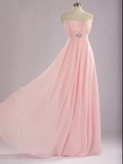 Baby Pink Chiffon Zipper Bridesmaid Dresses Sleeveless Floor Length Beading and Ruching