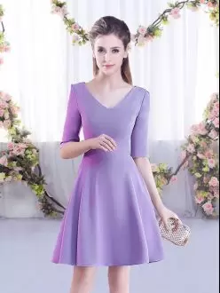 Perfect Lavender Half Sleeves Mini Length Ruching Zipper Quinceanera Court Dresses V-neck