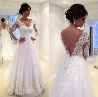 Perfect Appliques Wedding Dress White Backless Long Sleeves Floor Length Brush Train