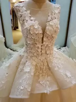 Simple Hand Made Flower Wedding Gown White Zipper Sleeveless Chapel Train