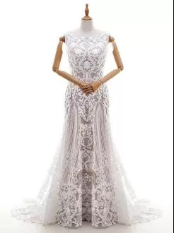 Brush Train Column Sheath Wedding Dresses White Square Lace Sleeveless With Train Zipper