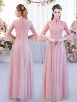 Luxury 3 4 Length Sleeve Floor Length Lace Zipper Bridesmaids Dress with Pink