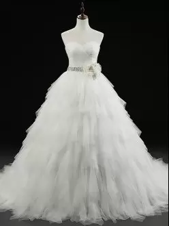 White Ball Gowns Beading and Ruffles and Hand Made Flower Wedding Gowns Lace Up Tulle Sleeveless