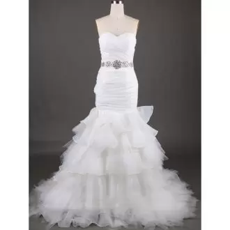 Sleeveless Beading and Ruffled Layers and Ruching and Belt Lace Up Bridal Gown with White Sweep Train