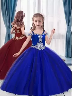 Latest Royal Blue Off The Shoulder Lace Up Beading and Appliques Little Girls Pageant Dress Wholesale