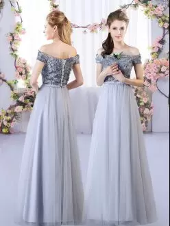 Modest Appliques Bridesmaids Dress Grey Lace Up Sleeveless Floor Length